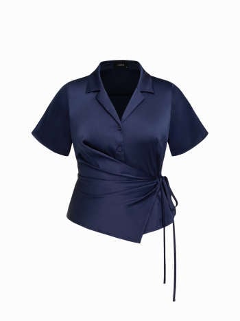 Satin Collar Tie Front Knotted Blouse Curve & Plus