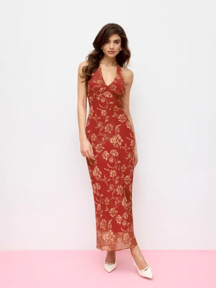 Cotton-blend U-neckline Ruffled Lace Up Flared Maxi Dress