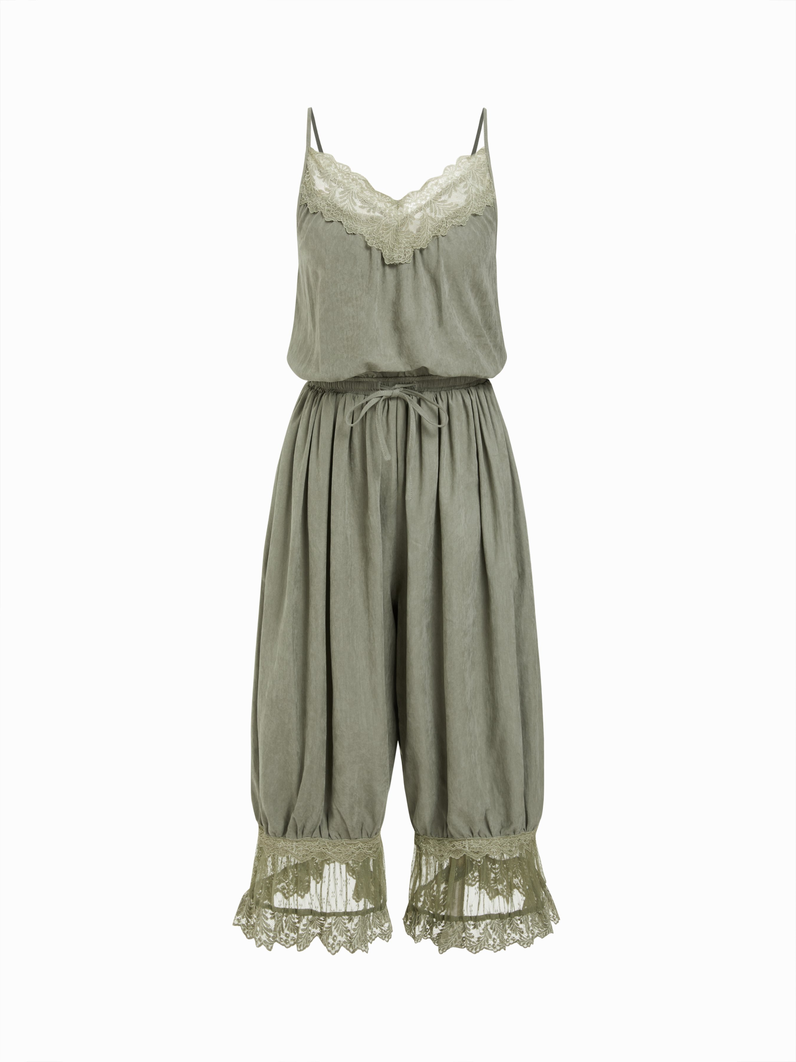 Woven V-neck Lace Panel Oversized Drawstring Bloomer Jumpsuit For