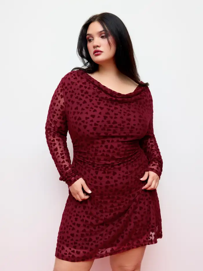 Mesh Mesh Heart Cowl Neck Bell Sleeve Flocking Mini Dress Curve & Plus For  Date Party/Clubbing