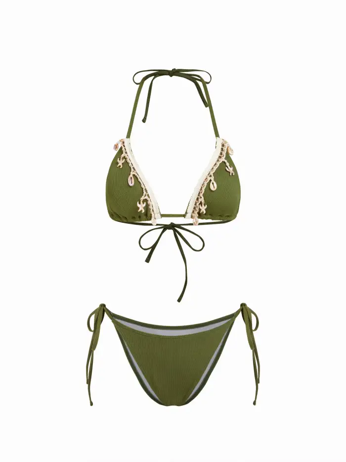 V-neck Aztec Knotted Shirred Halter Tie Side Bikini Set