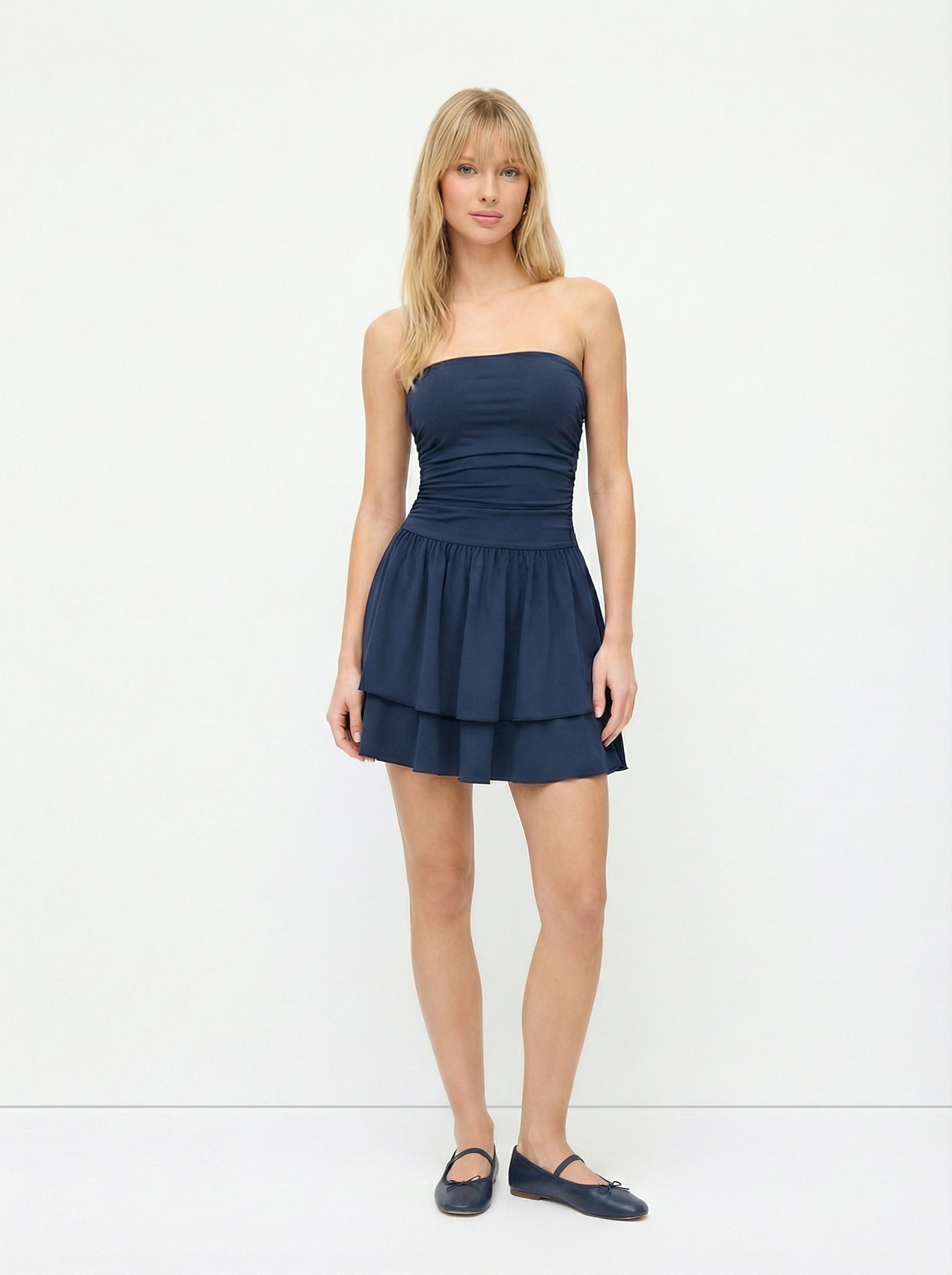 Bandeau Ruched High Stretch Tiered Mini Dress