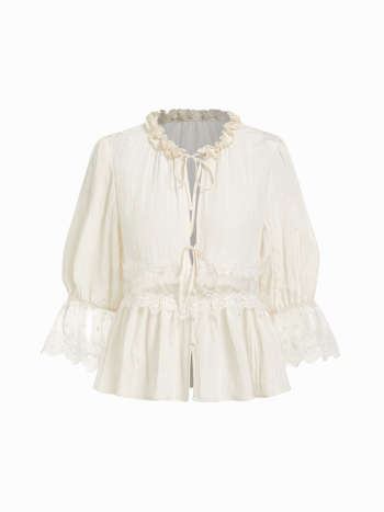 Round Neckline Lace Beaded Puff Sleeve Blouse
