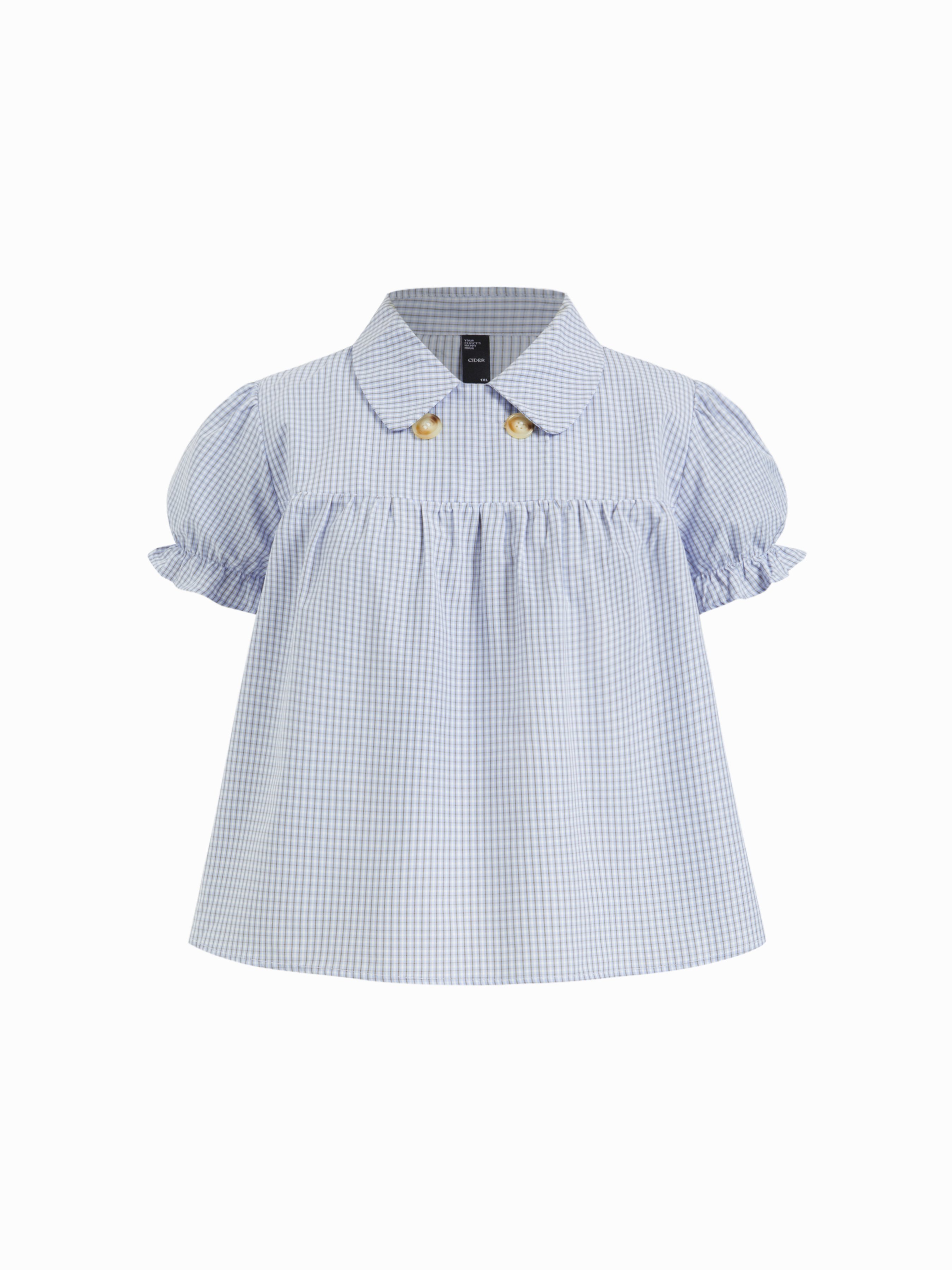 Woven Cotton-blend Plaid Puff Sleeve Blouse Curve & Plus For Daily