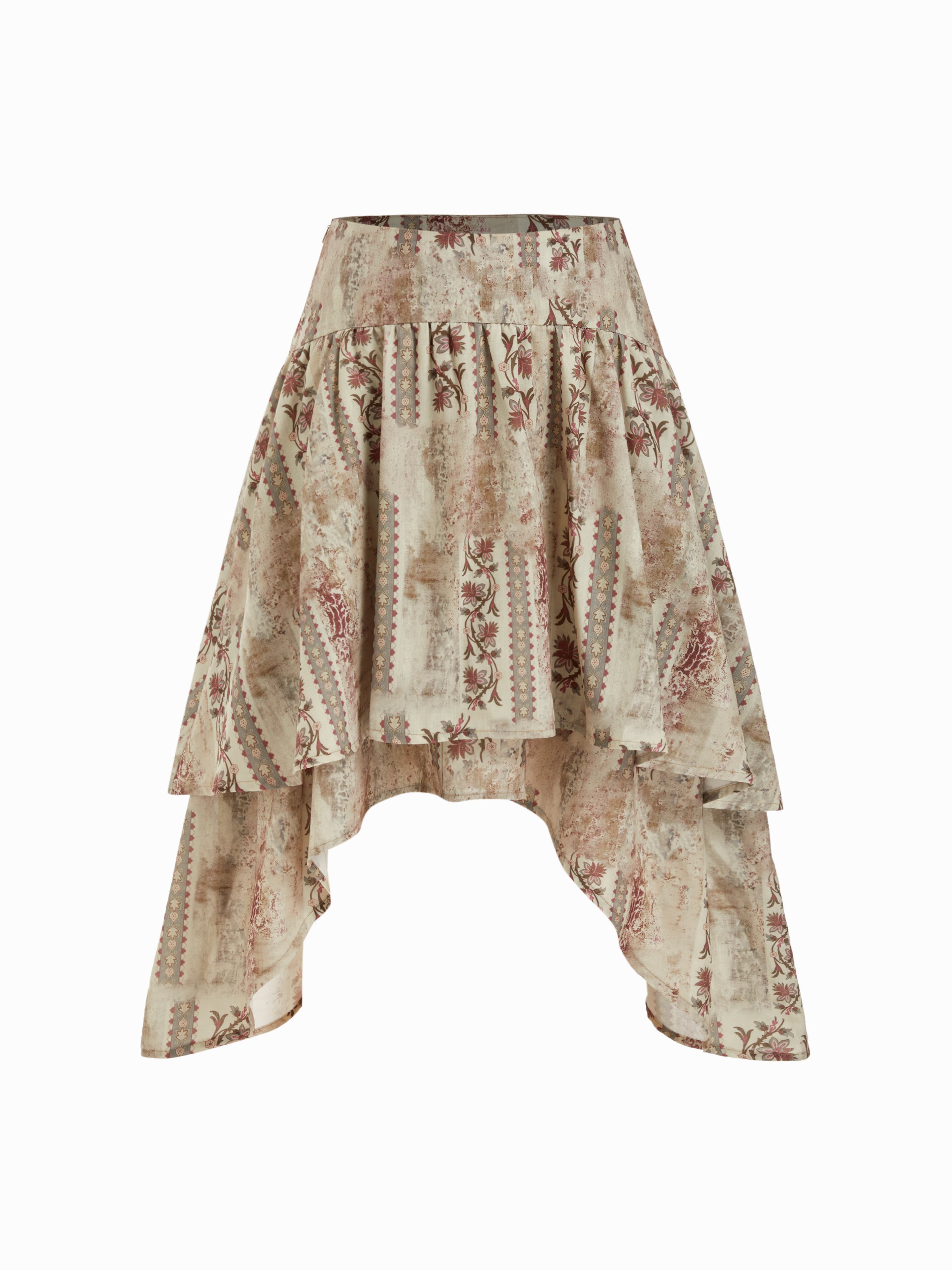 Floral Ruffled Asymmetrical Hem Flared Midi Skirt – Cider – Khaki