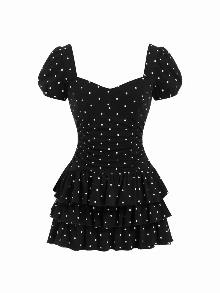 tiered knit mini dress Fabric Cotton-blend Sweetheart Puff Sleeve Ruched For Daily Casual Date TagLabel: Sequins