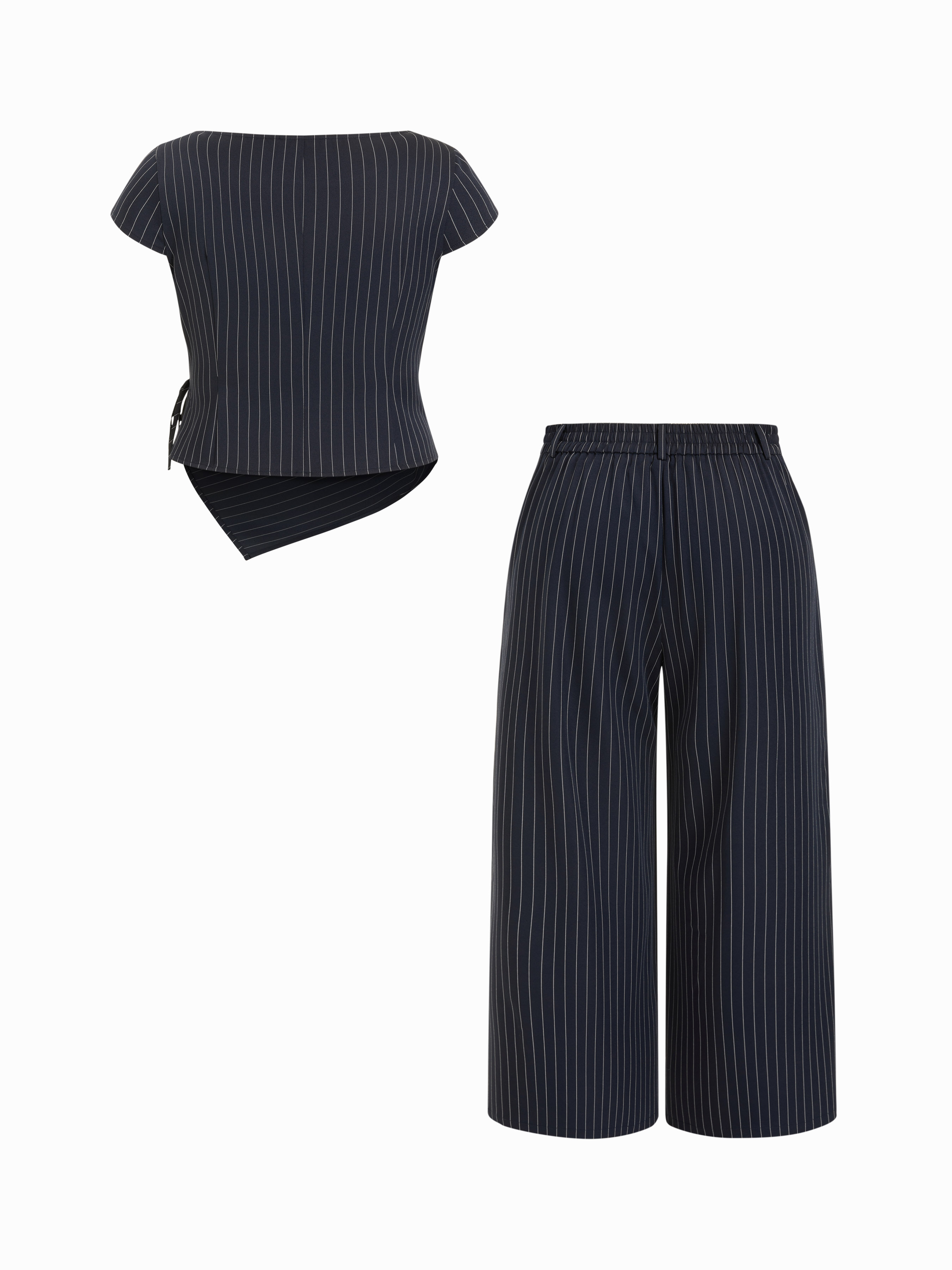 Woven Striped Boat Neck Wrap Top & Mid Rise Wide Leg Trousers Set