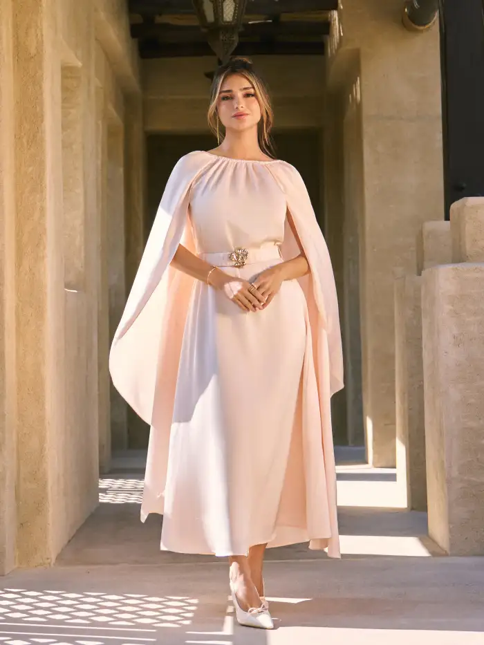 Satin Satin Cape Sleeve Belted Maxi Dress With Metal Detail For Wedding