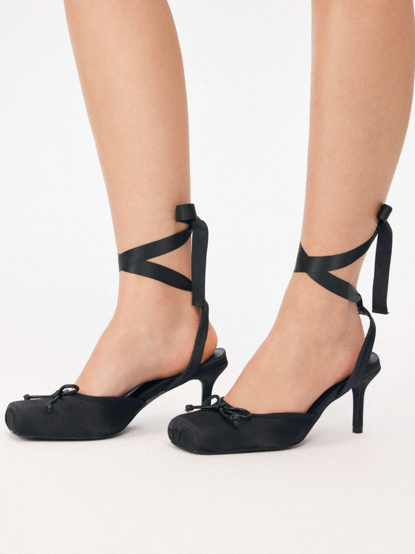 SATIN BOWKNOT DECOR SLINGBACK TIE LEG BALLET HEELS