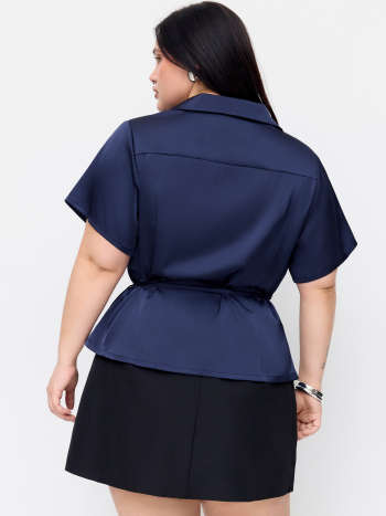 Satin Collar Tie Front Knotted Blouse Curve & Plus