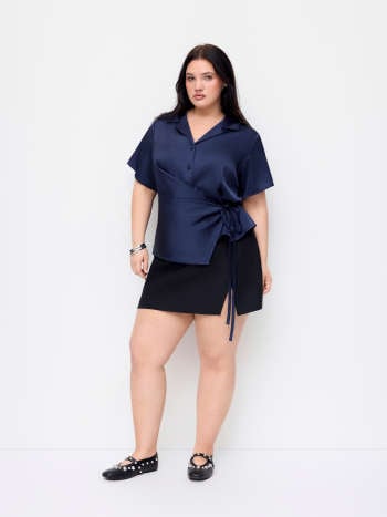 Satin Collar Tie Front Knotted Blouse Curve & Plus