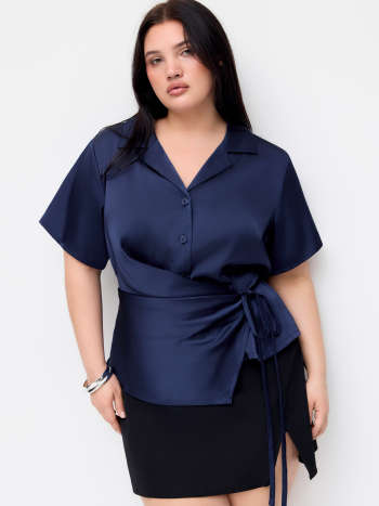 Satin Collar Tie Front Knotted Blouse Curve & Plus