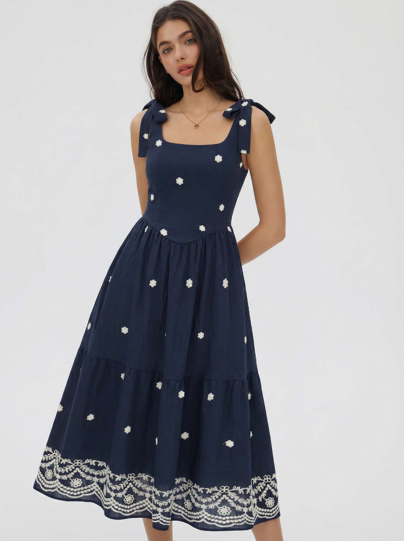 Floral Square Neck Bowknot Tiered Maxi Dress