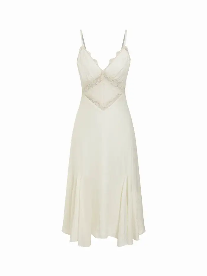 Woven V-neck Lace Panel A-line Cami Midi Dress For Daily Casual Date