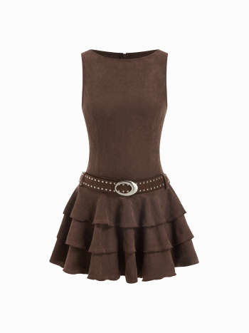 Round Neckline Tiered Hem Mini Dress With Studded Belt