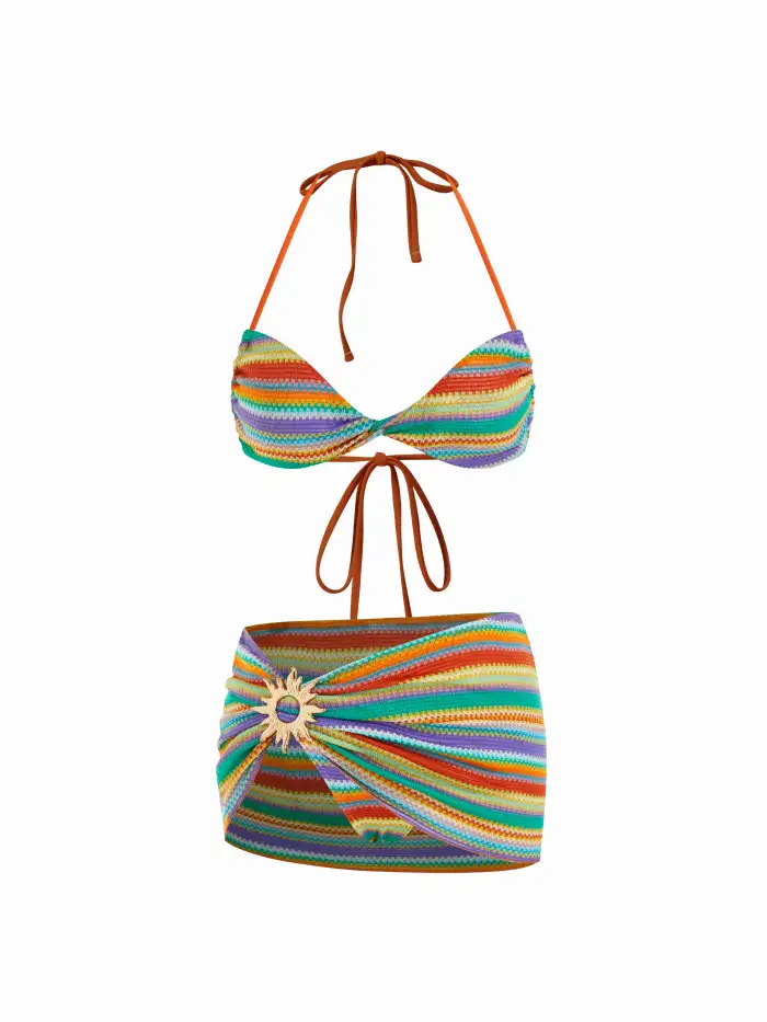 V-neck Aztec Knotted Shirred Halter Tie Side Bikini Set