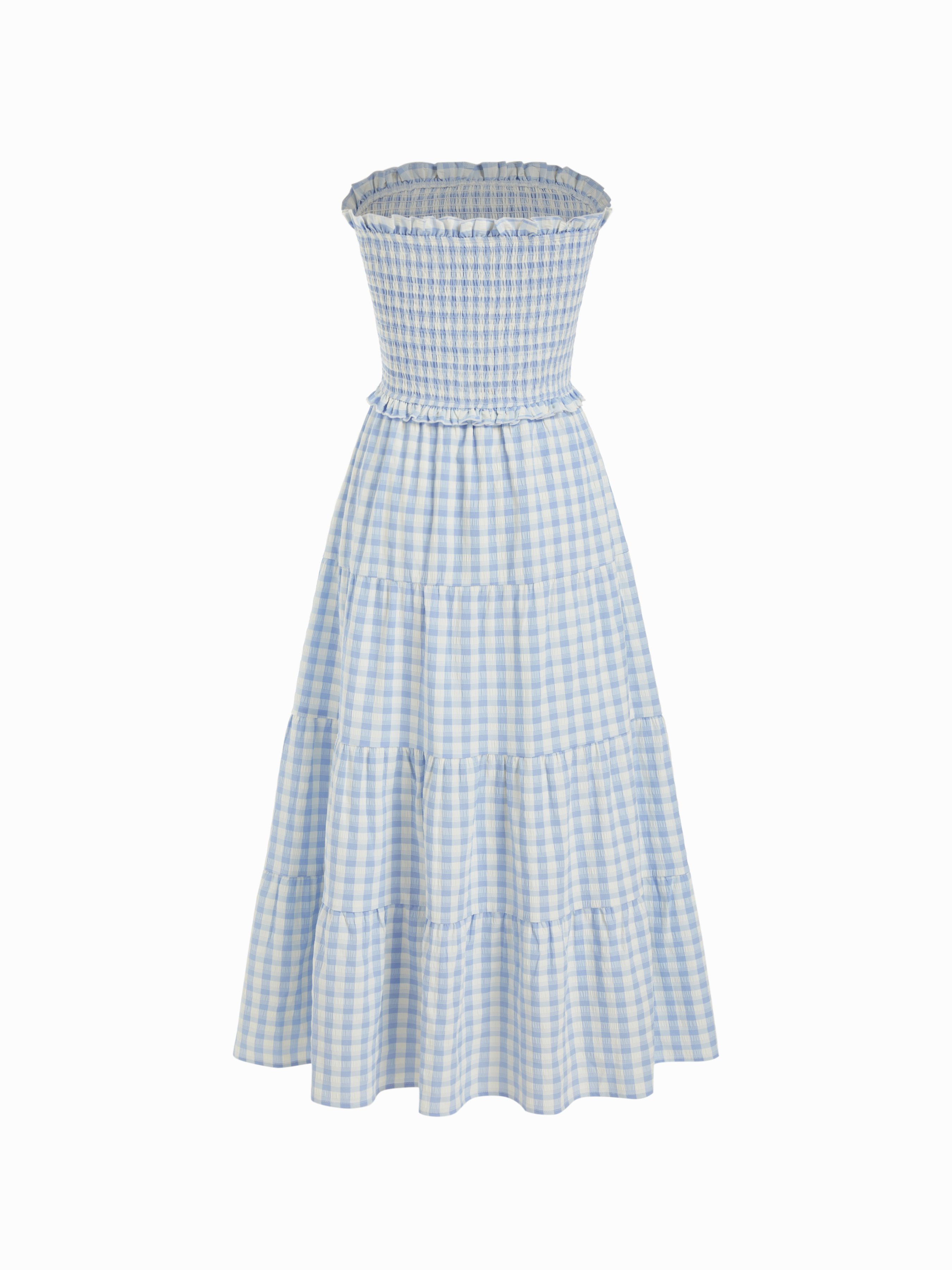 Woven Gingham Strapless Shirred Knotted Ruffle Trim Tiered Maxi Dress For  Daily Casual Vacation