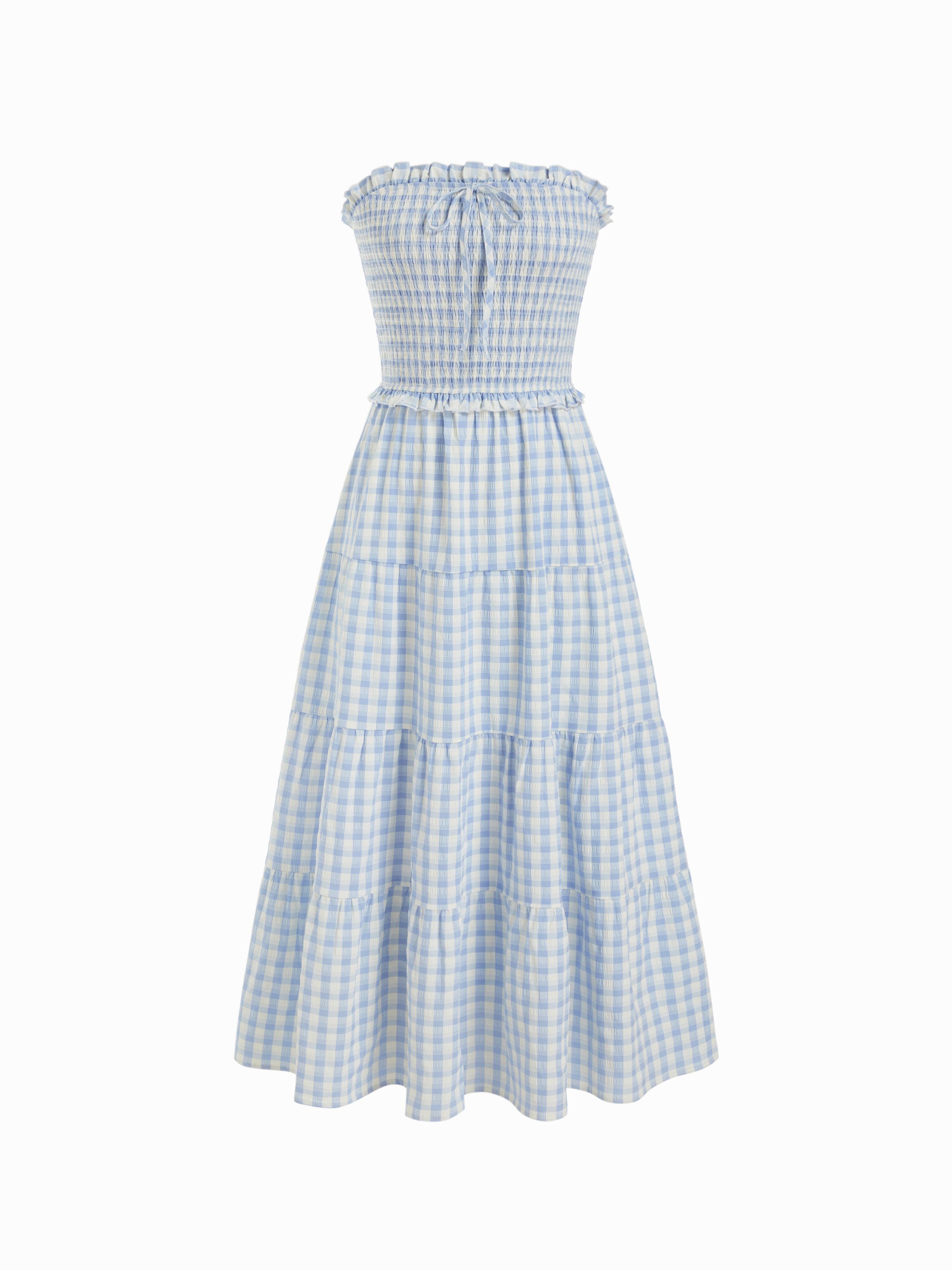 Woven Gingham Strapless Shirred Knotted Ruffle Trim Tiered Maxi Dress For  Daily Casual Vacation