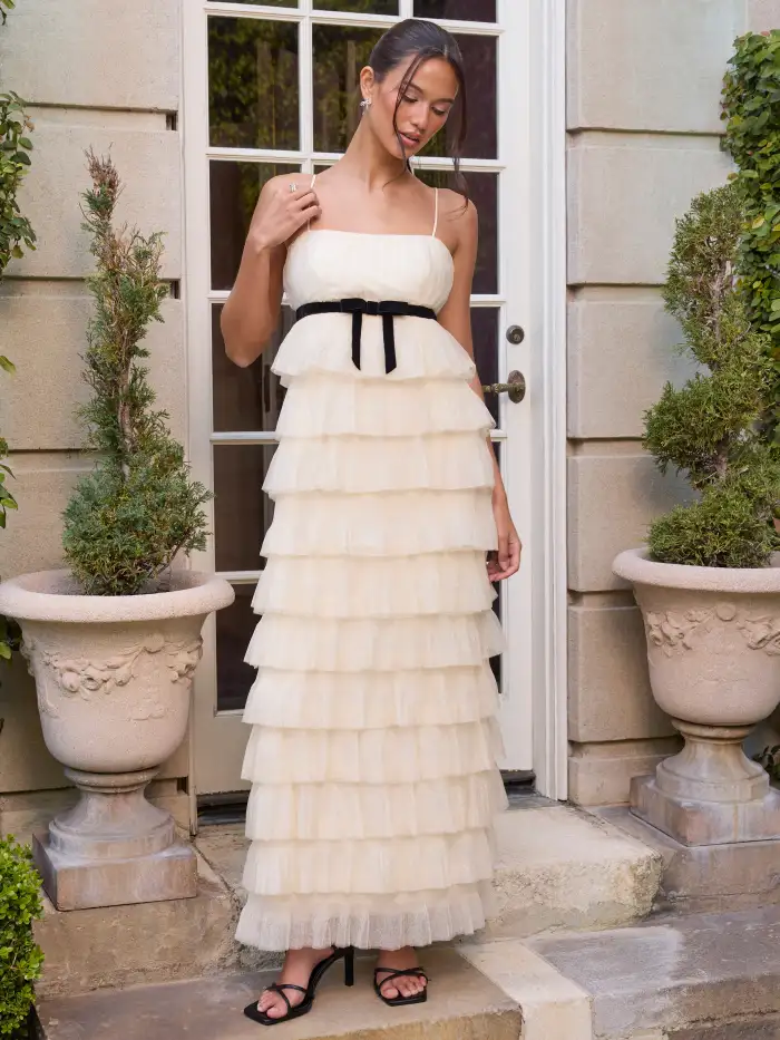 Mesh Textured Ruffled Bowknot Layered Flared Maxi Dress For Date Wedding