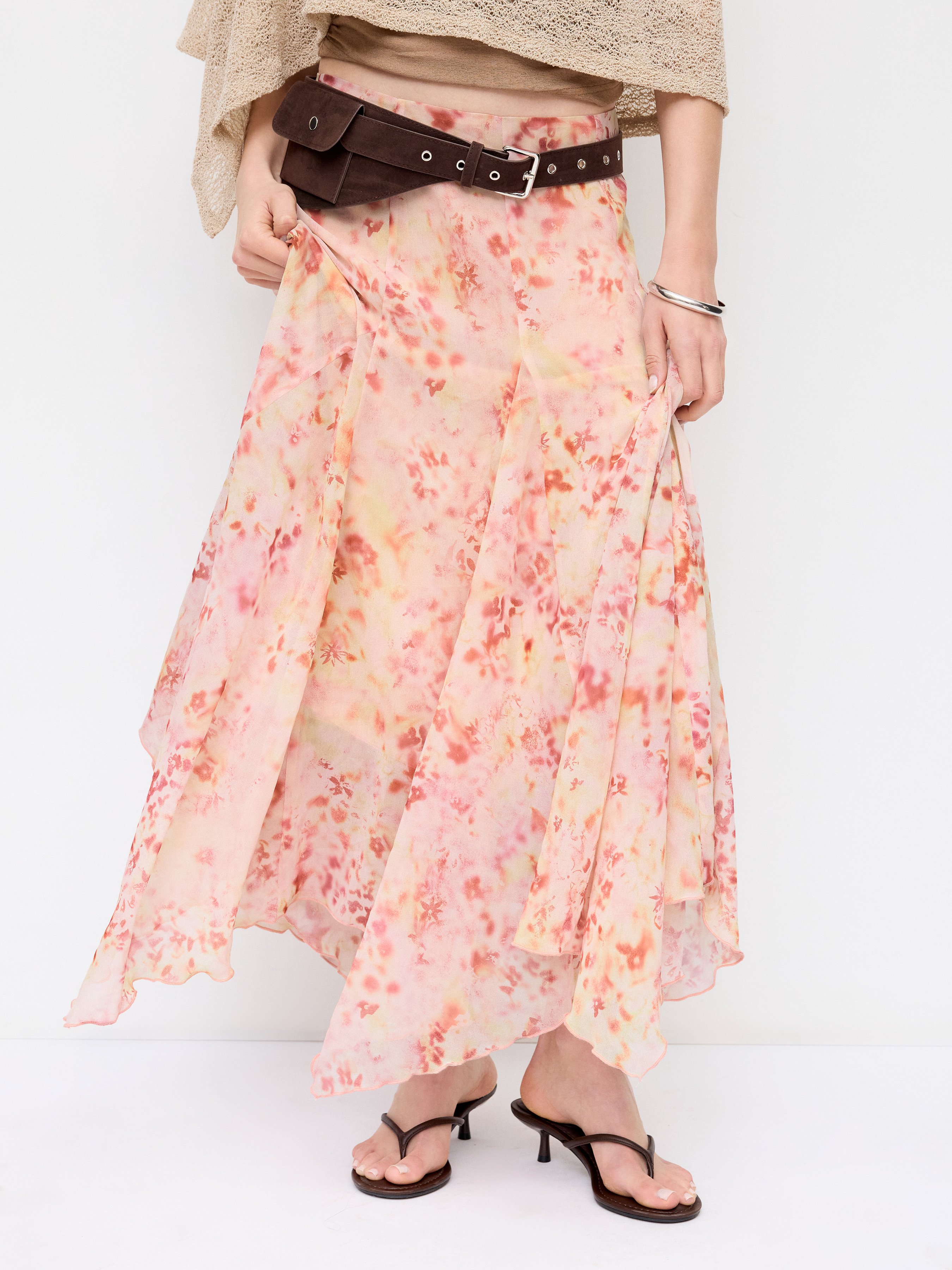 CIDER Chiffon Chiffon Floral Ruffled Asymmetrical Hem Flared Maxi Skirt For Daily Casual Vacation
