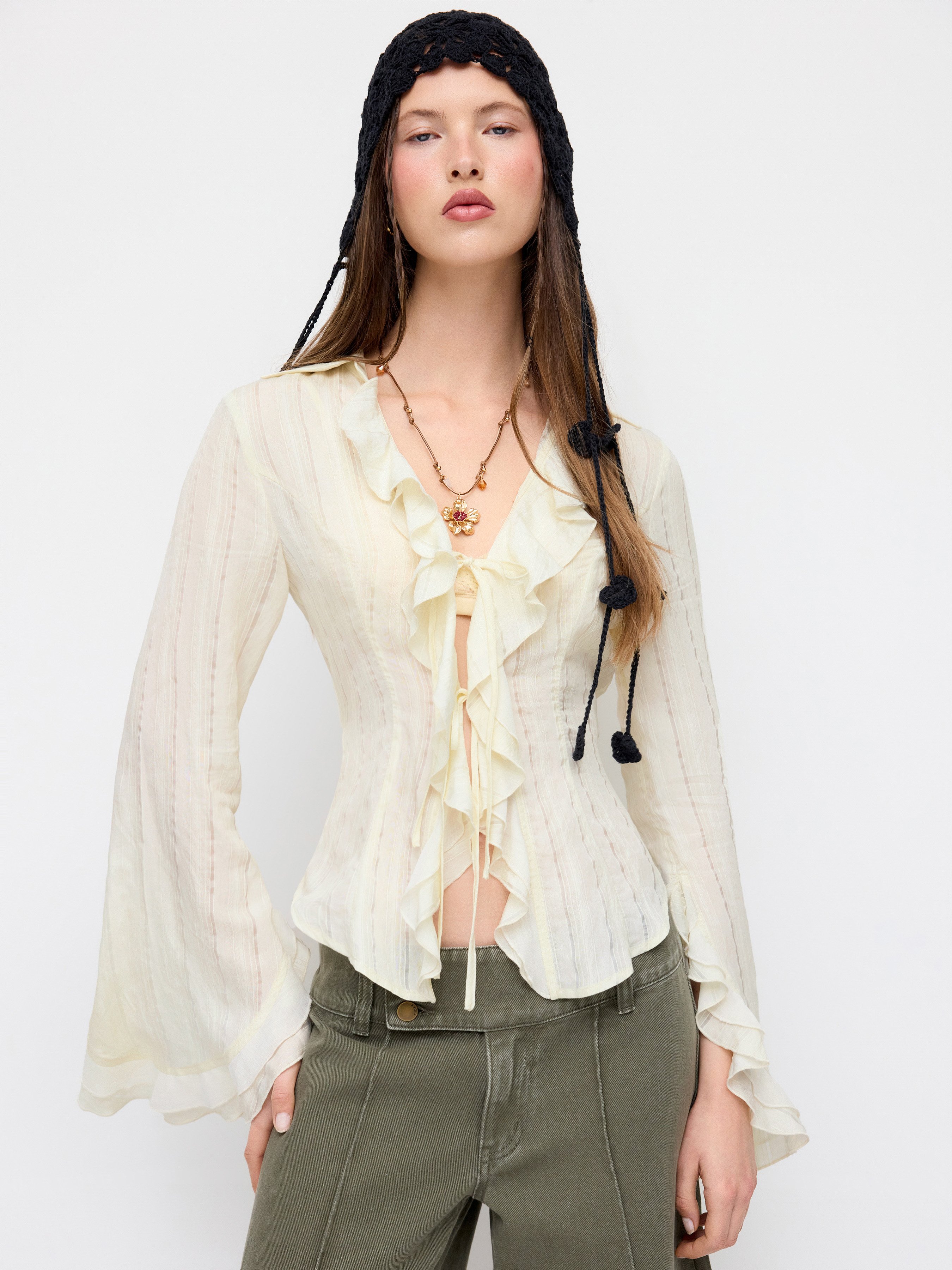 Woven Striped Tie Front Cinched Waist Ruffle Sleeve Blouse For