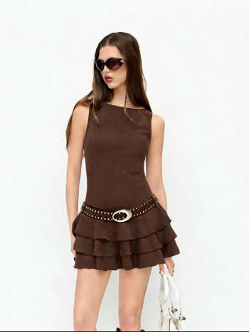 Round Neckline Tiered Hem Mini Dress With Studded Belt
