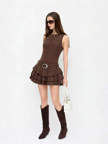 Round Neckline Tiered Hem Mini Dress With Studded Belt