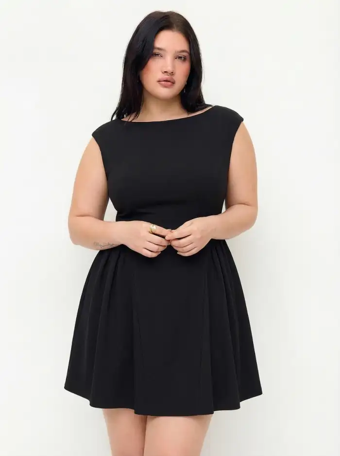 boat neck plus size mini dress 24seven Comfort Curvy Elevate Lace Sleeveless Boat Neck Mini Shift Dress