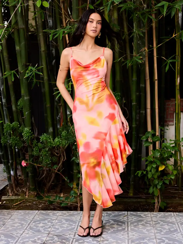 Mesh Mesh Abstract Floral Cowl Neck Asymmetrical Hem Midi Dress For Daily Casual Vacation Mesh Mesh Abstract Floral Cowl Neck Asymmetrical Hem Midi Dress For Daily Casual Vacation