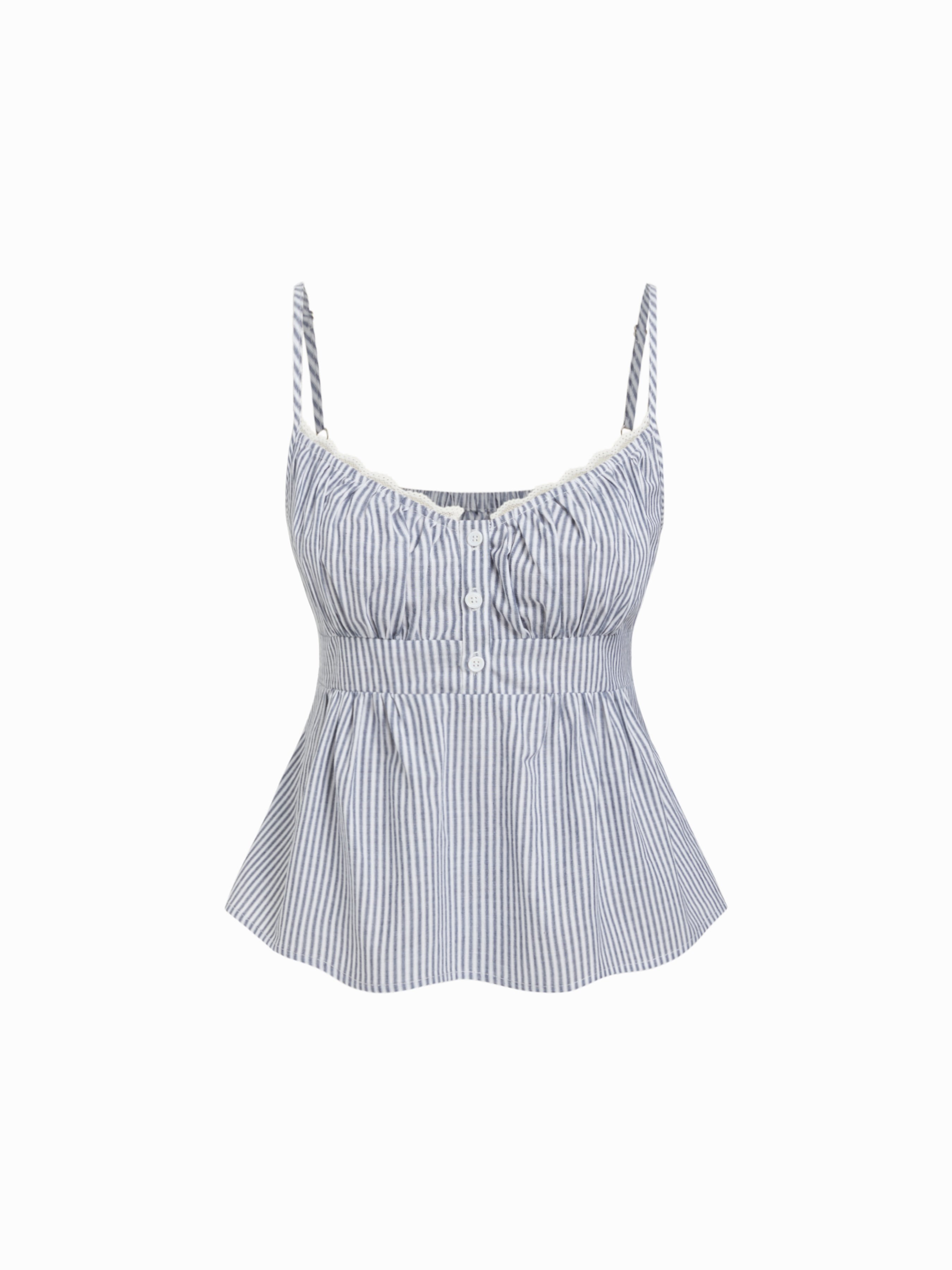 CIDER Woven Cotton Stripe V-Neck Lace Panel Button Tie Back Peplum Cami Top For Daily Casual