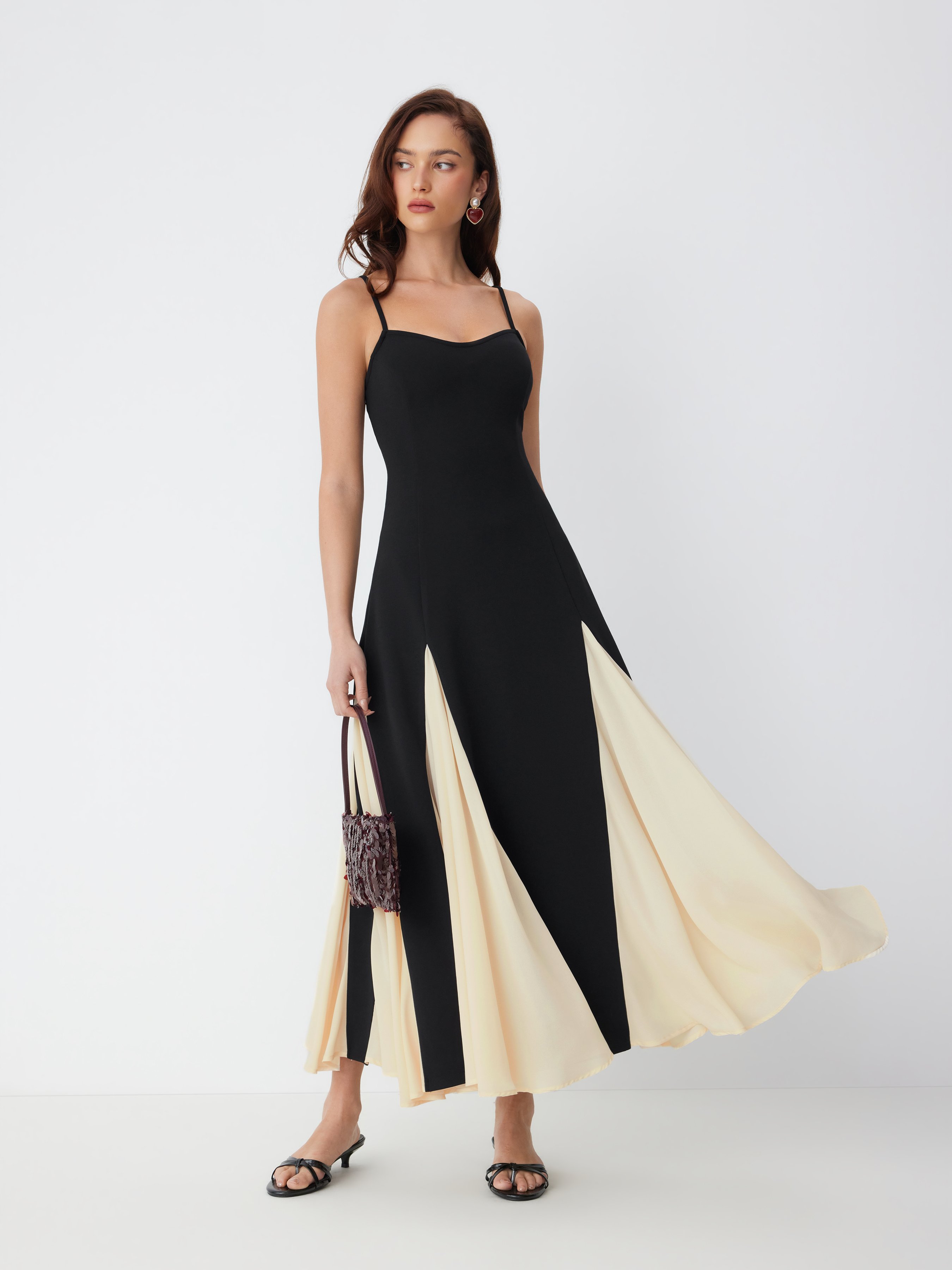 Knit Fabric Color-Blocked Scoop Neck Flared Maxi Dress For Date 