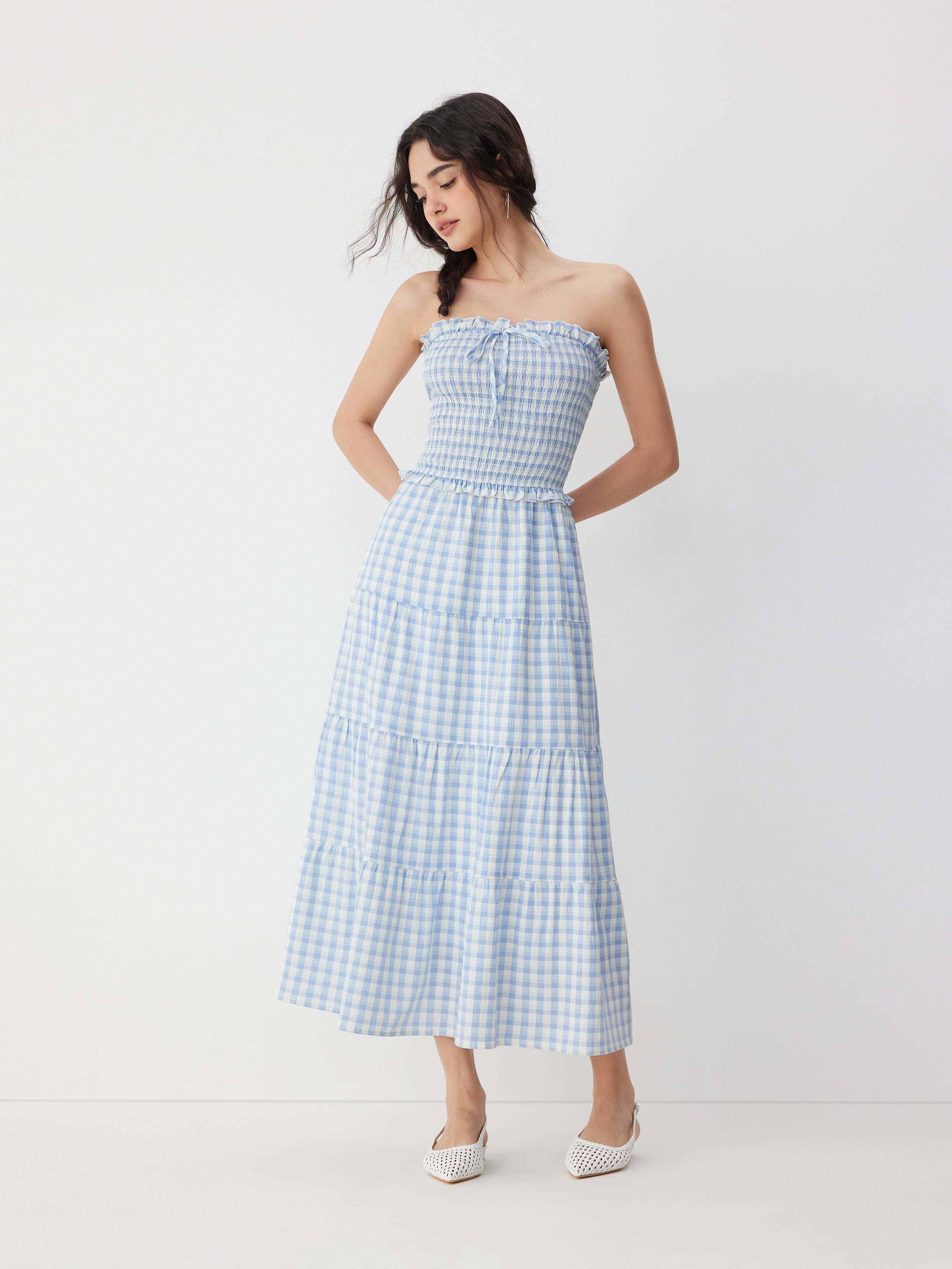 Woven Gingham Strapless Shirred Knotted Ruffle Trim Tiered Maxi Dress For  Daily Casual Vacation