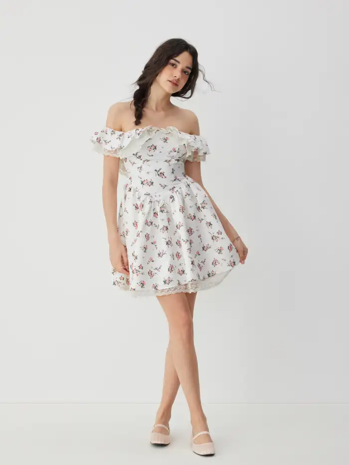 Woven Floral Off-shoulder Ruffle Sleeve Lace Panel Babydoll Mini Dress For  Daily Casual Date Vacation