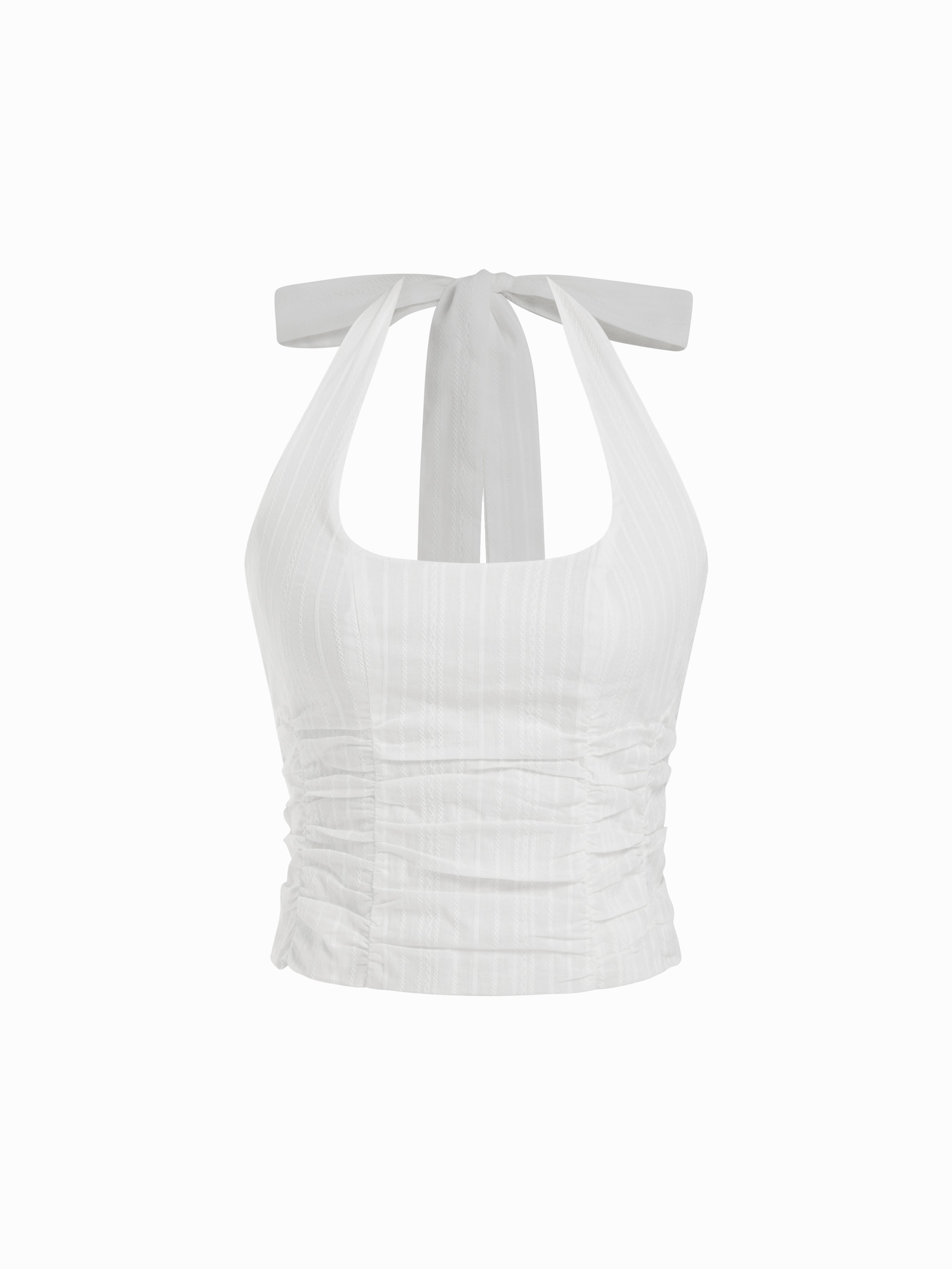 CIDER Jacquard Cotton Jacquard Halter Neckline Ruched Shirred Blouse For Daily Casual Vacation
