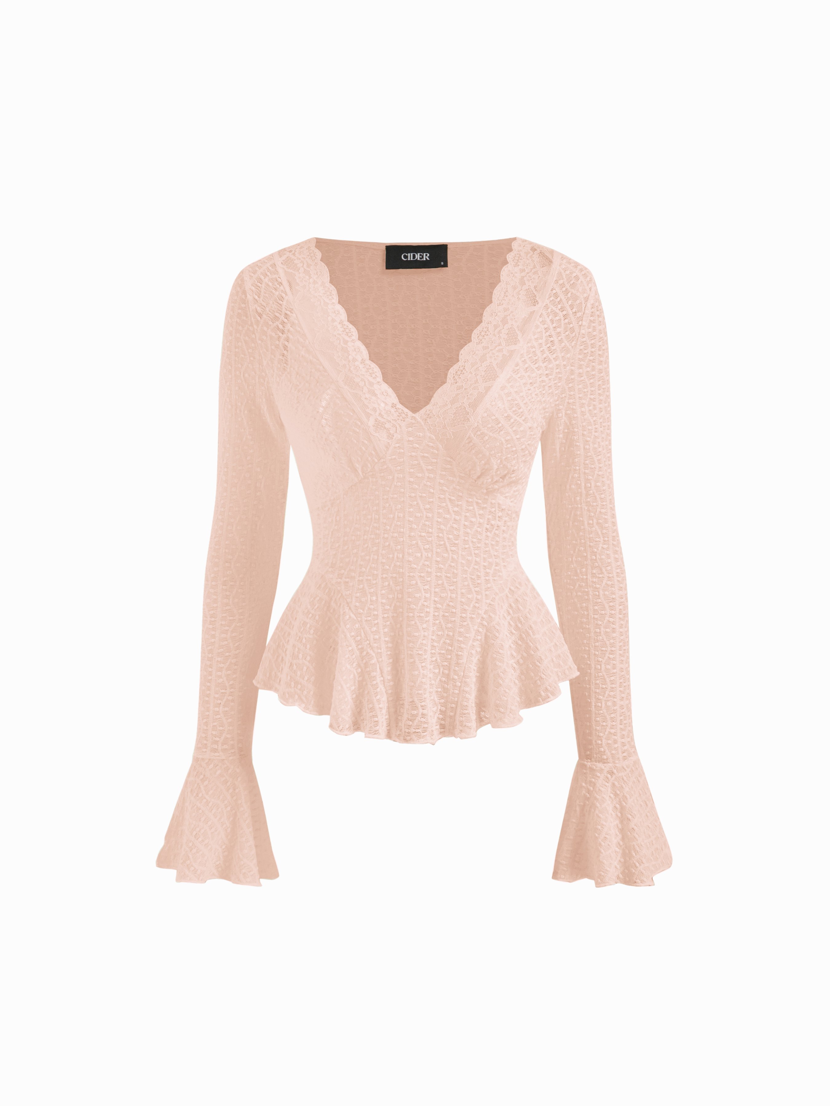 Textured Lace V-Neck Bell Sleeve Ruffled Peplum Top – Cider – Pink