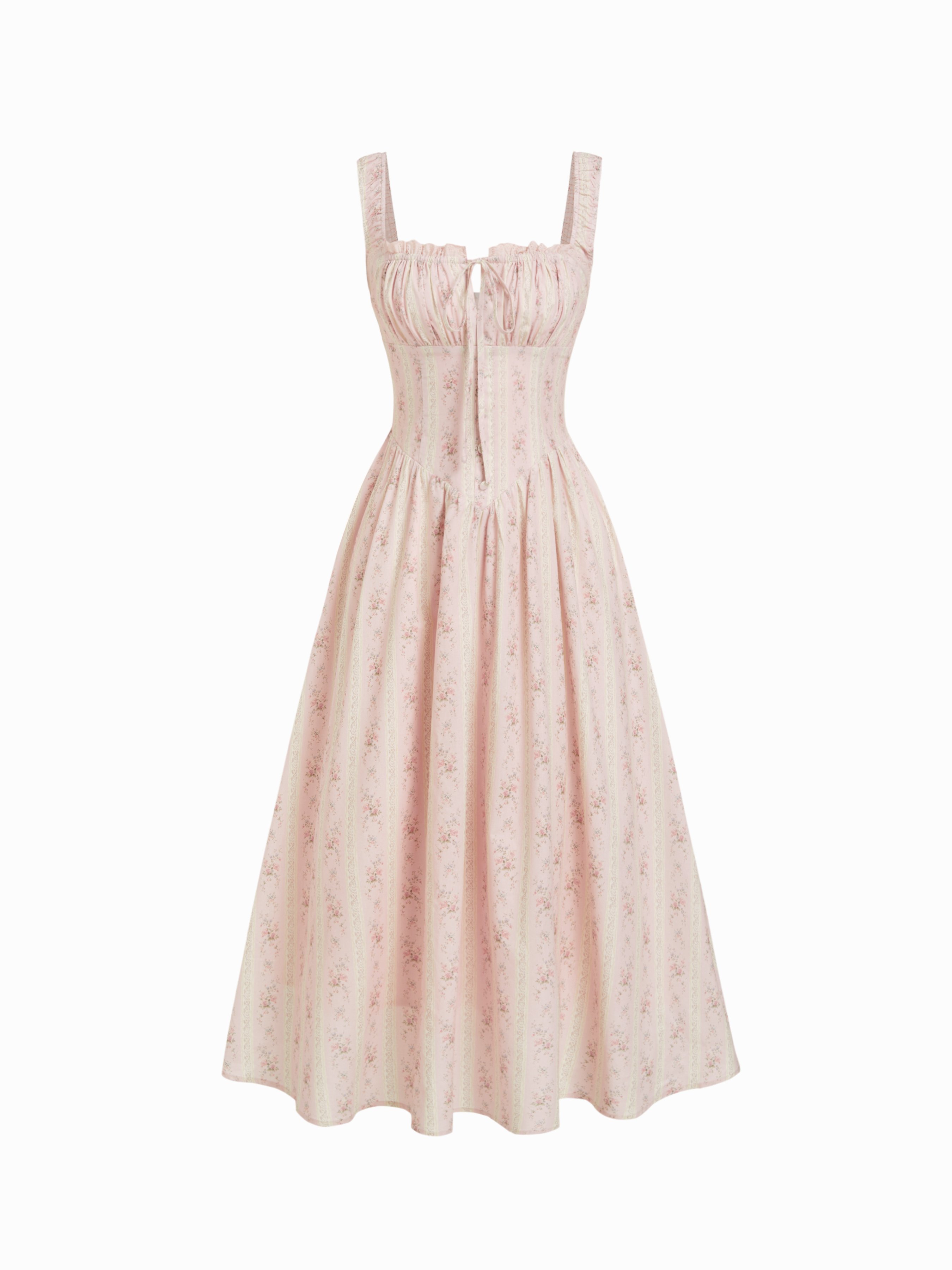 Woven Cotton-blend Square Neck Floral Knotted Shirred Midi Dress For Vacation