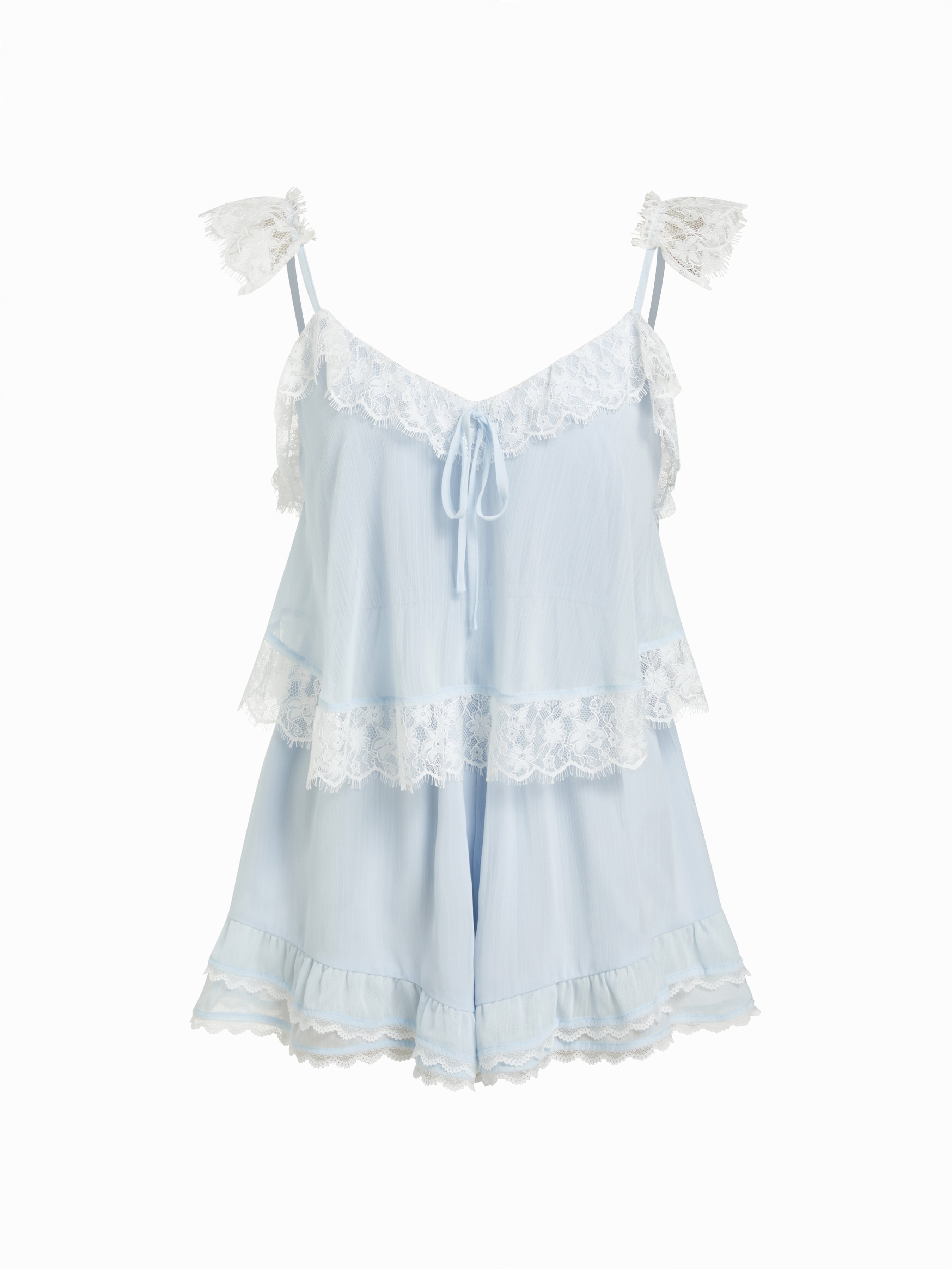 CIDER Chiffon Chiffon V-neck Lace Panel Knotted Ruffle Sleeve Oversized Romper For Daily Casual