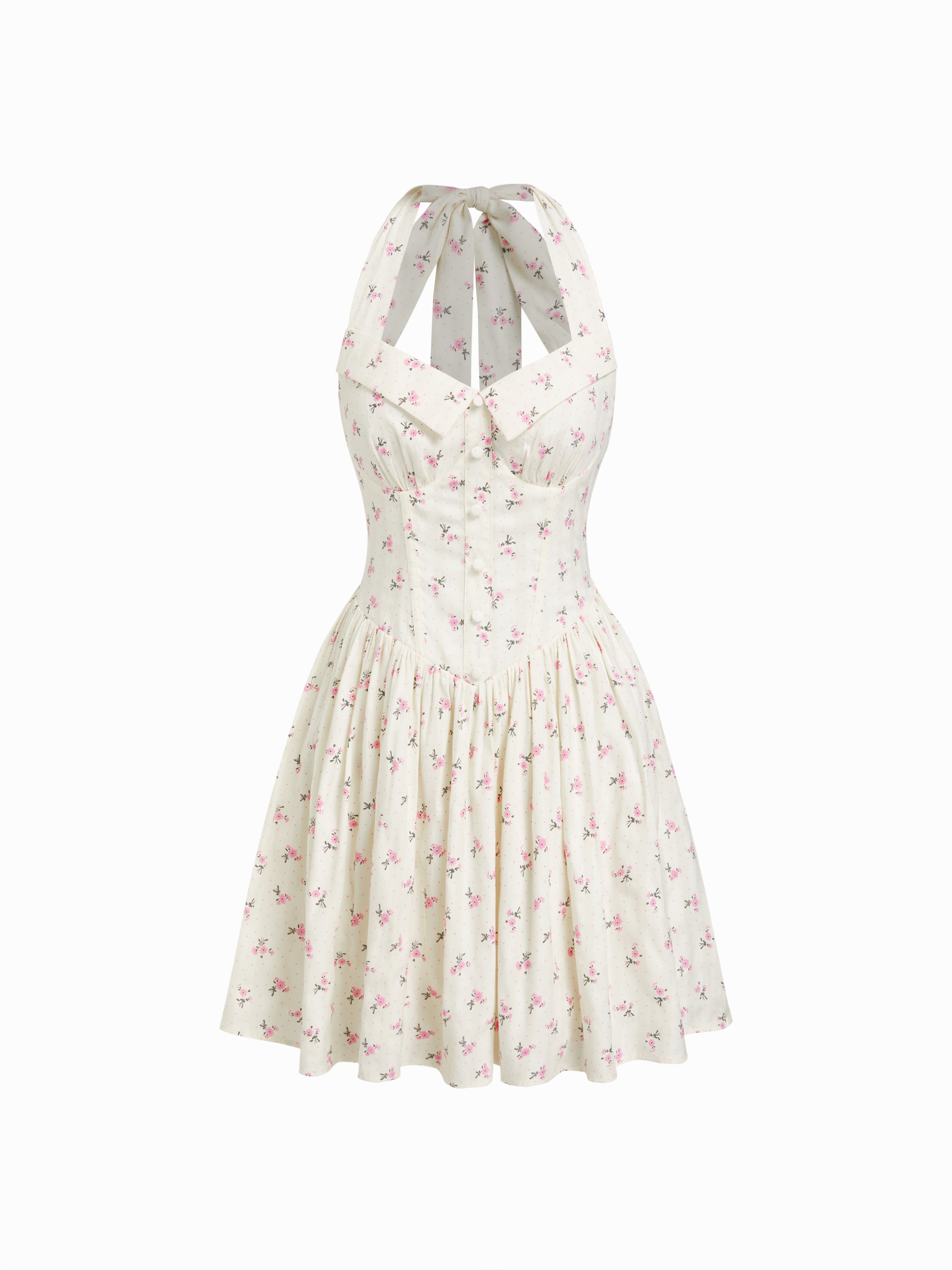 Woven Ditsy Floral Halter Neckline Ruffled A-line Mini Dress For Daily  Casual Date