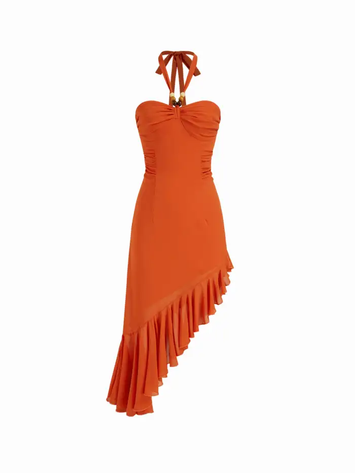 Chiffon Chiffon Halter Neckline Beaded Ruched Asymmetrical Ruffle Hem  A-line Maxi Dress For Party/Clubbing Vacation