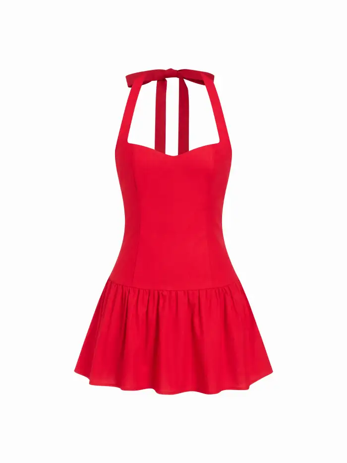 sachin and babi light blue dress Linen-blend Linen-blend Halter Neckline Bowknot A-line Mini Dress For Daily  Casual Date