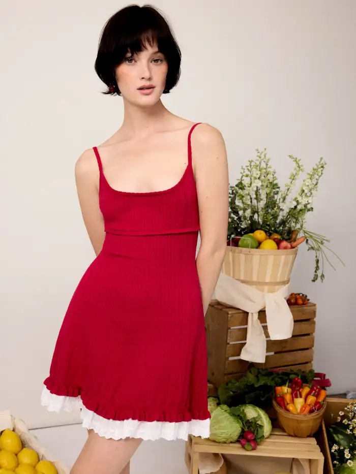 Crochet Knit Pointelle Ruffled Hem A-line Mini Dress For Daily Casual Date