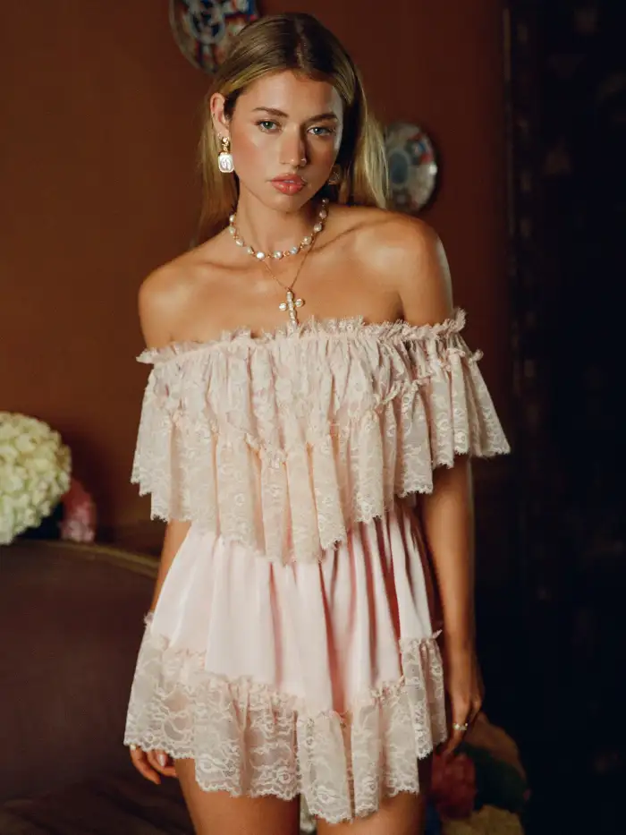 Satin Satin Off-shoulder Lace Ruffle Belted A-line Mini Dress For Date  Party/Clubbing