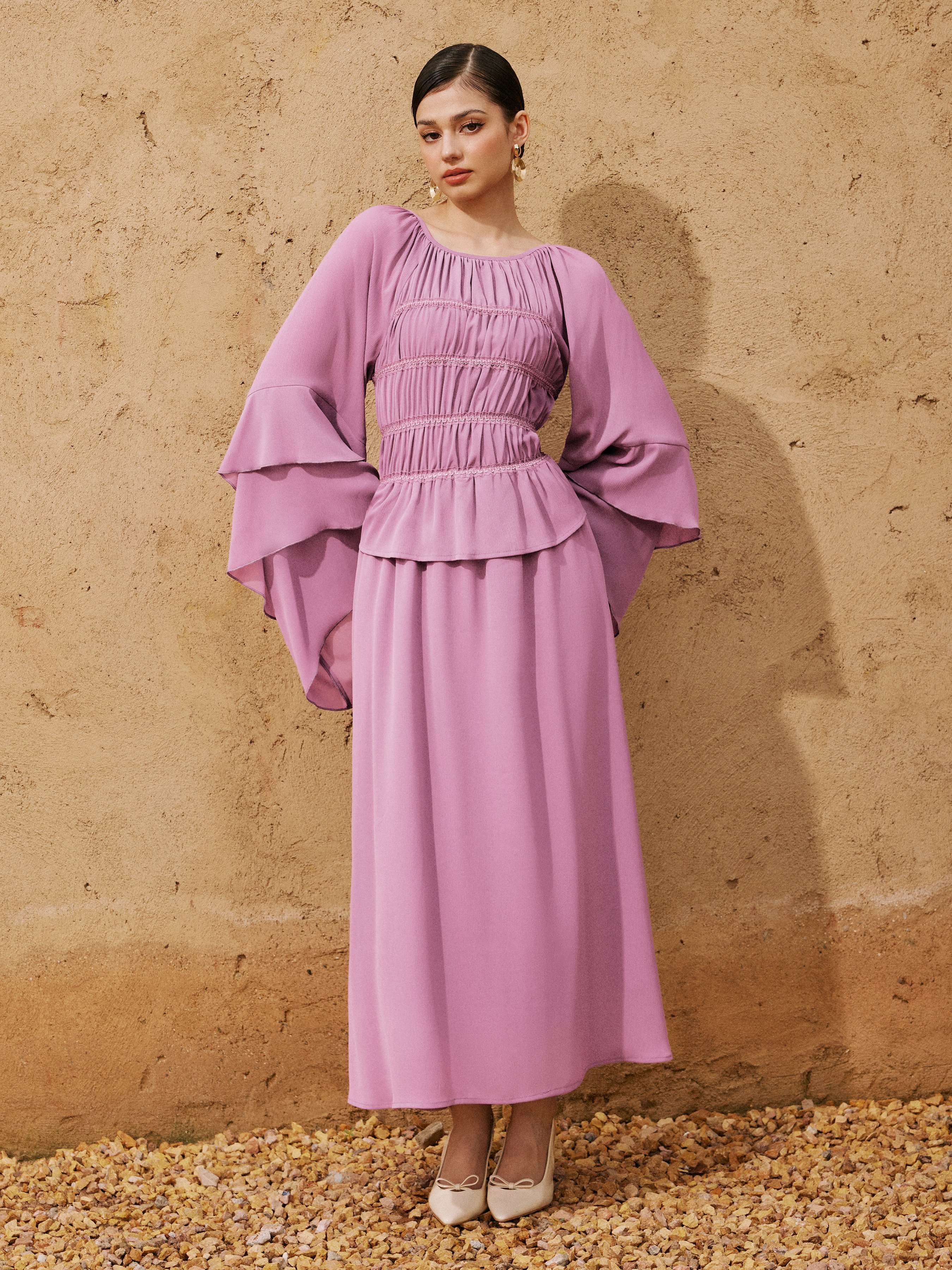 chinese dress ladies Rosy | Burgundy Satin Boat-Neck Maxi Dress with Front Split and Ruffled Detailing