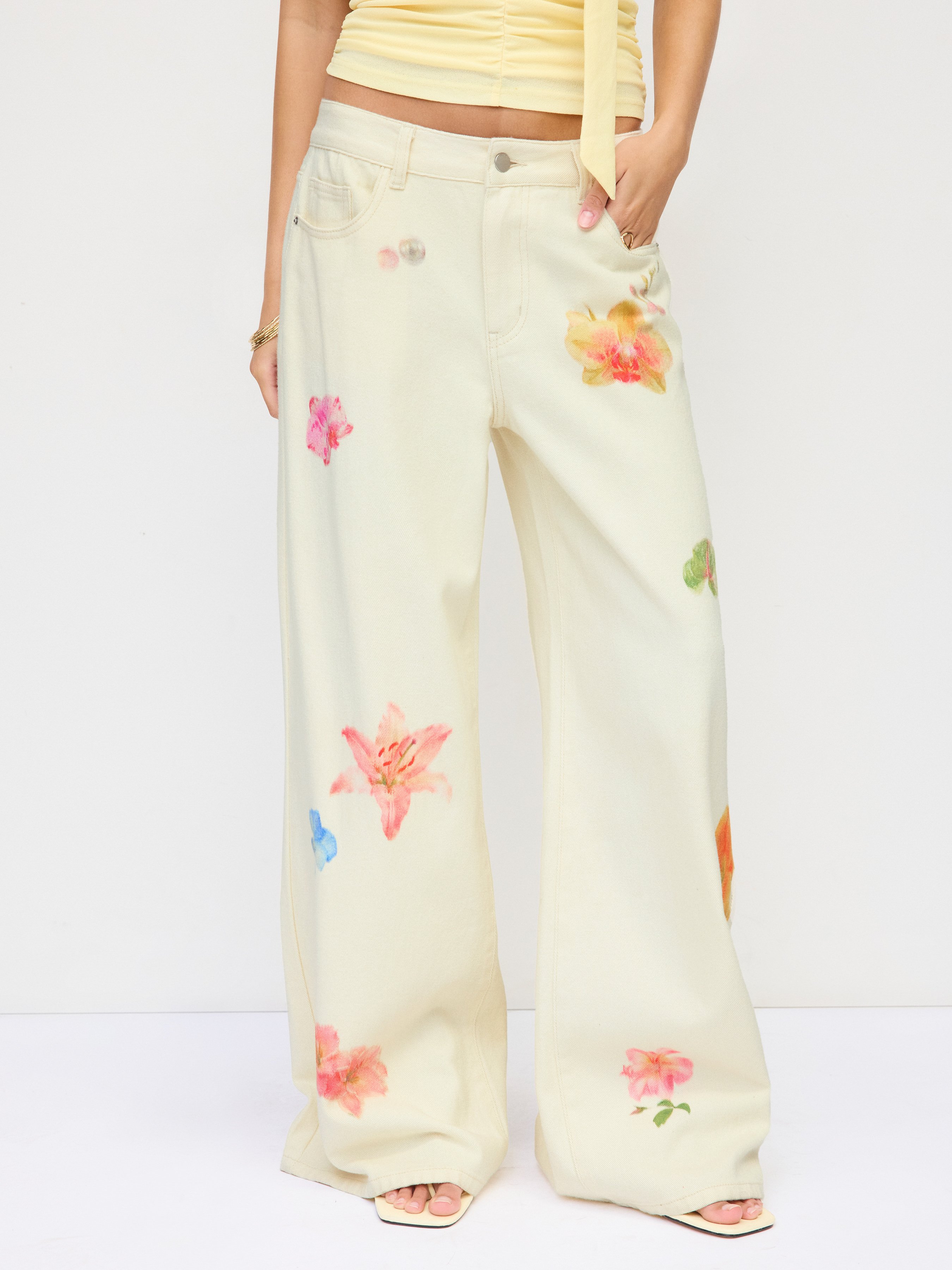 Denim Washed Denim Low Rise Floral Graphic Wide Leg Trousers For