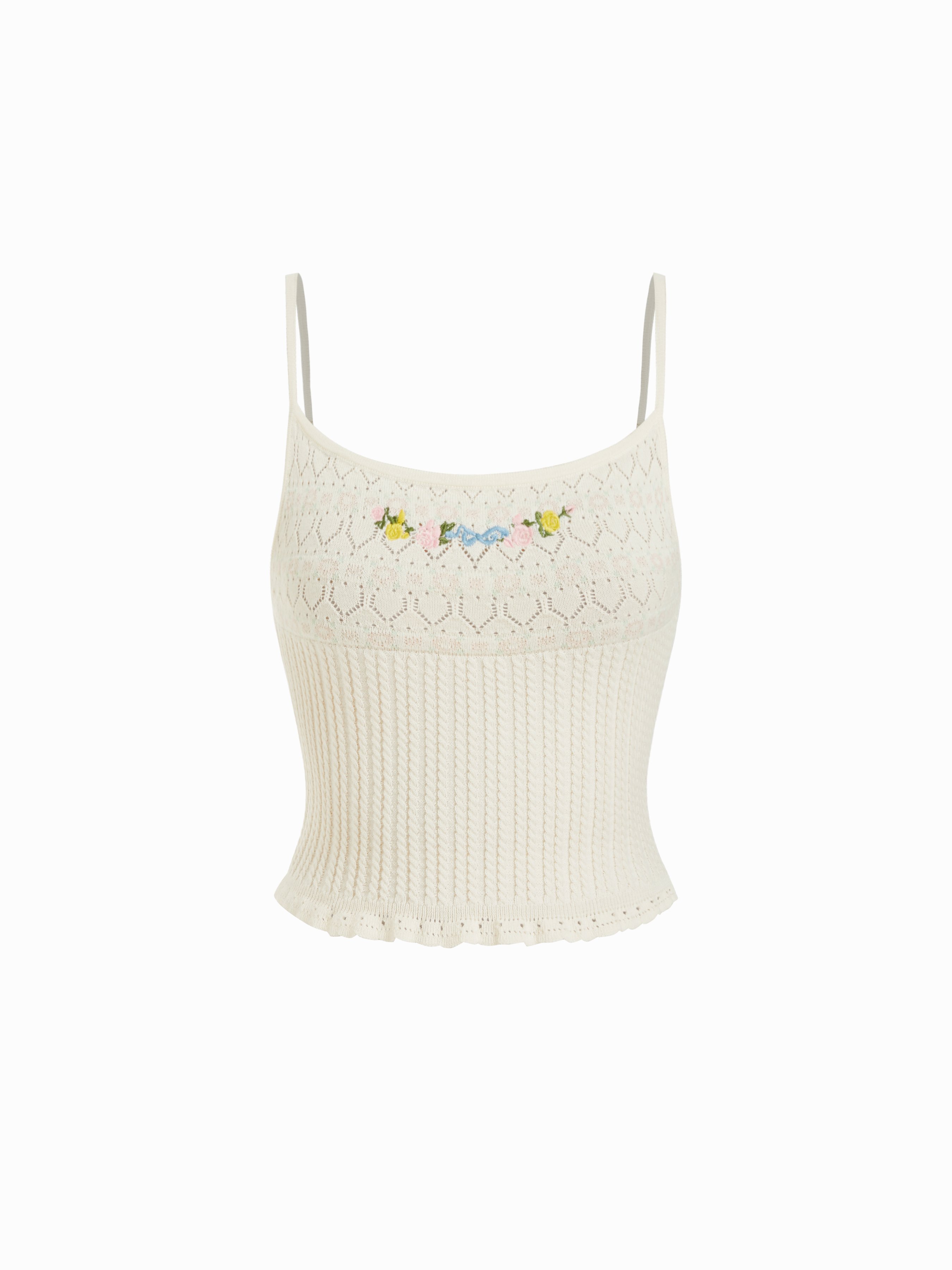 Knit Fabric Knit Pointelle Floral Embroidery Square Neck Crop Cami
