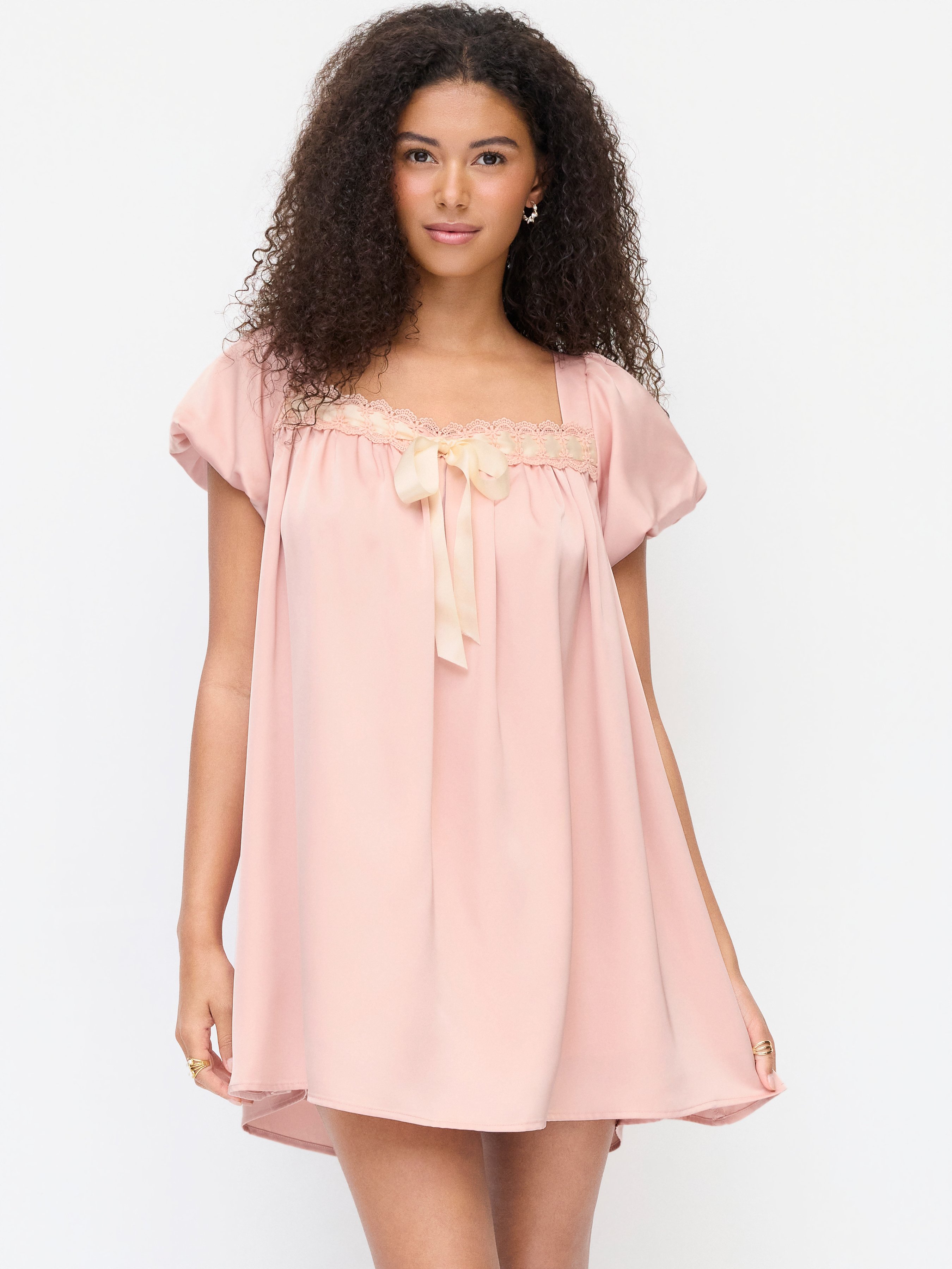 silky satin square neck puff sleeve babydoll mini dress Princess Polly Lorna square neck puff sleeve babydoll mini dress in black