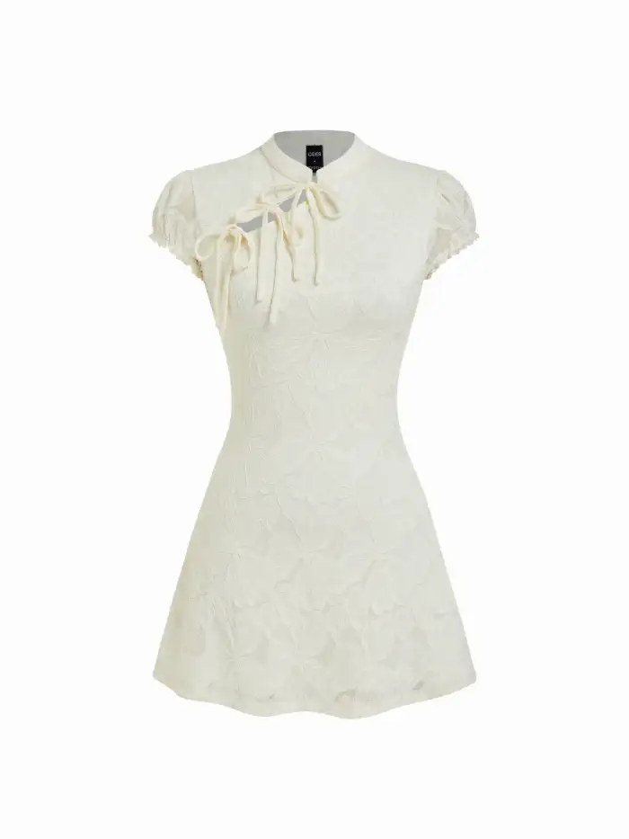 Lace Lace Mandarin Collar Bow Tie Cutout Floral Mini Dress For Date Exhibition