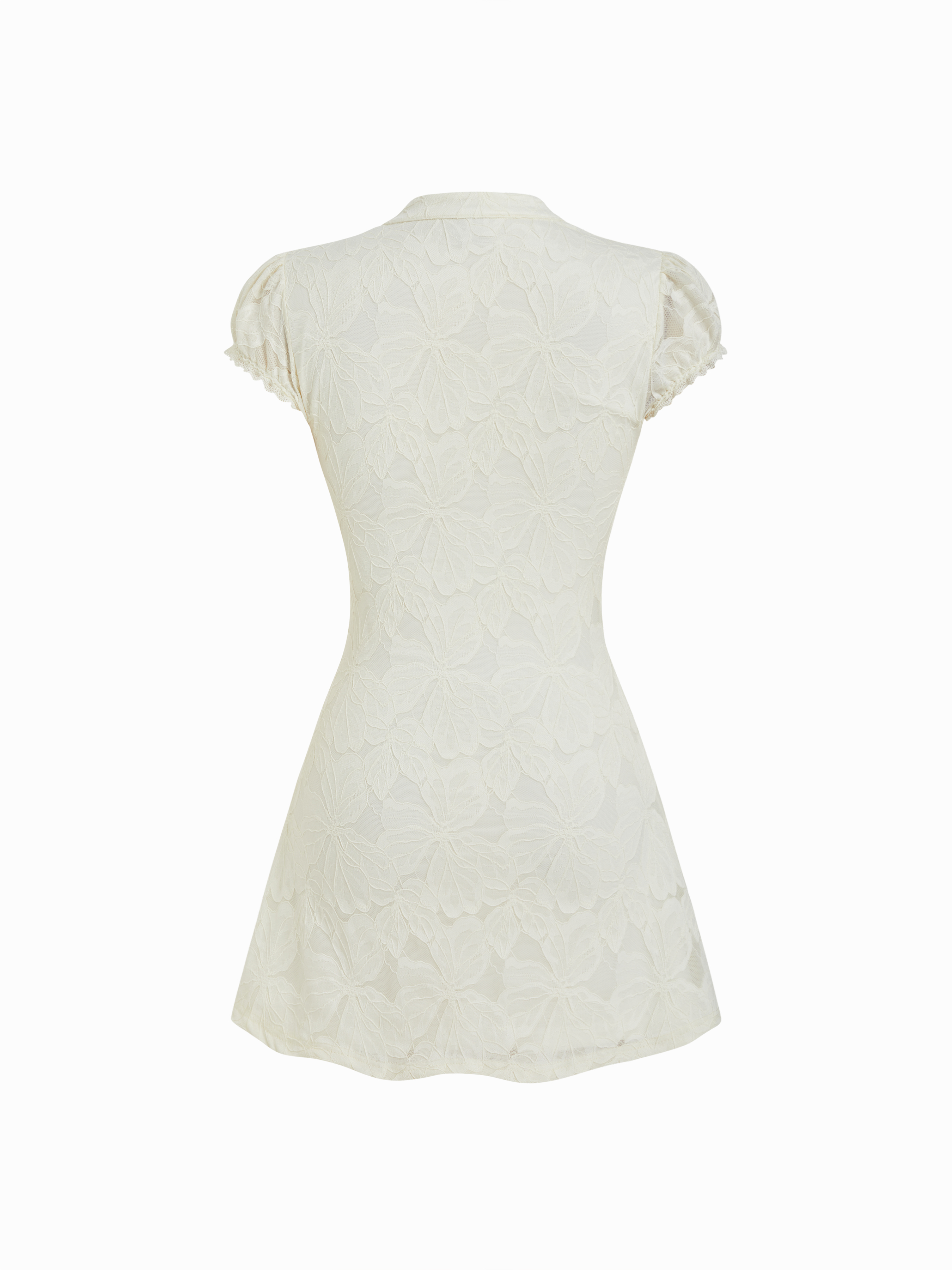 Lace Lace Mandarin Collar Bow Tie Cutout Floral Mini Dress For