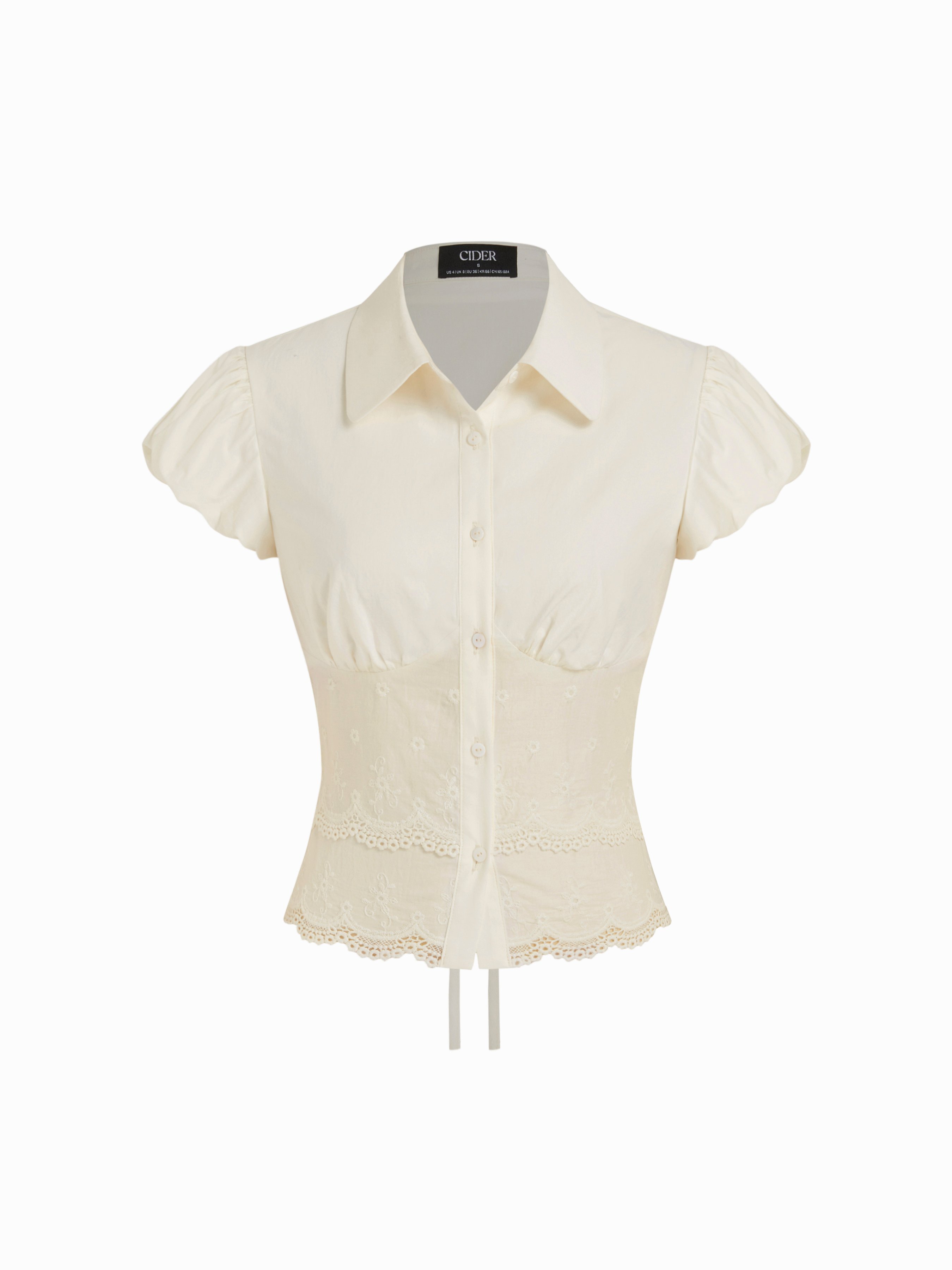 Cotton-blend Broderie Anglaise Puff Sleeve Scalloped Lace Trim Blouse – Cider – Beige