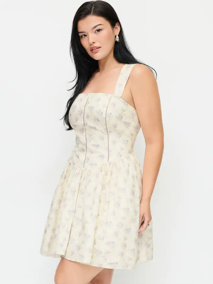 Woven Cotton-blend Floral Square Neck Pleated Shirred A-line Mini Dress  Curve & Plus For Daily Casual Vacation